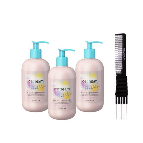 kuss Inebrya Ice Cream Pro-Volume Conditioner (10.14 oz) with Teasing Comb Pack of 3, Beige
