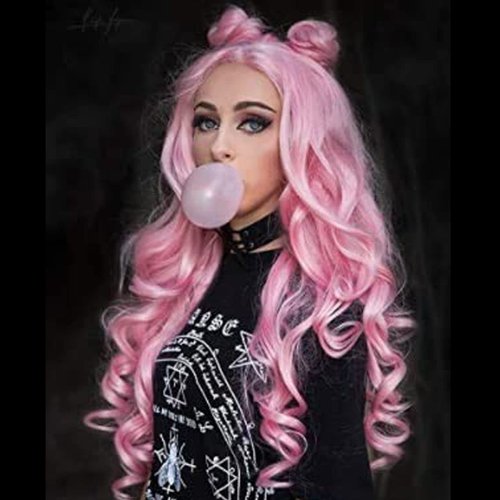 Pink Wigs for Women Pastel Peach Pink Lace Front Wigs Long Wavy Real Hair Wigs Handmade Pre Plucked Hairline Glueless Heat Synthetic Heat Resistant Hair Cosplay Drag Colorful Women's Wigs 24 Inch