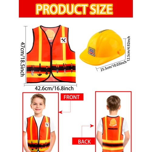 Puteraya 1 Set Kid Construction Worker Costume Set Child Construction Vest Hat and Goggles With Builder Tools Toys Construction Role Play for Kids Dress up Halloween Birthday Cosplay