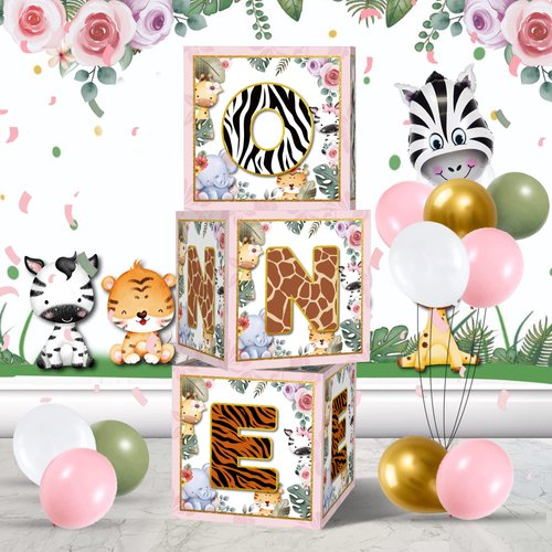 Wild One Balloon Boxes 1st Birthday Party Supplies Jungle Safari Animals Wild One Birthday Decorations for Girl Baby First Birthday Wild One Party Decorations (Pink)