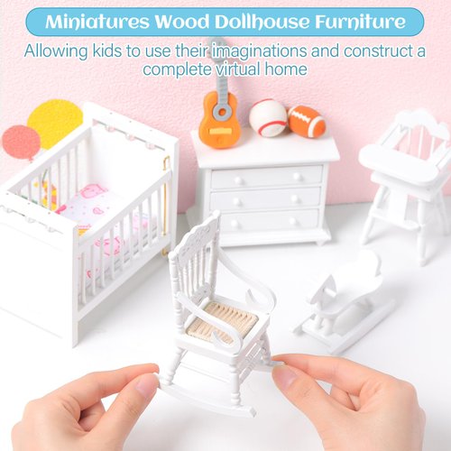 Silipull 5 Pcs 1:12 Scale Wooden Dollhouse Furniture Set White Miniature Wood Bedroom Furniture Wooden Dollhouse Accessories Encourage Creative and Imaginative Play for Kid Miniature Bathroom Kitchen