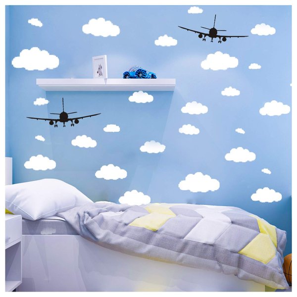 31pc Cloud Wall Stickers and 2pc Black Airplanes Decor Wall Decals for Nursery Kids Room Decor, CUNYA Vinyl Removable Clouds Wall Art Stickers Home Decoration (Mix Size 4-10 inch)