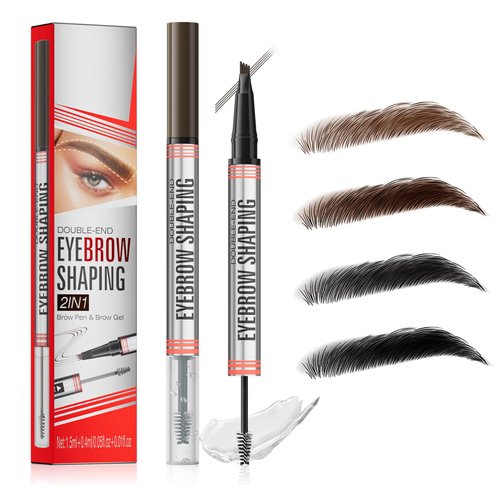 Microblading Eyebrow Pen, Eyebrow Pencil with 4-Fork Tip & Shaping Brow Gel, Waterproof 2-in-1 Dual-Ended Eye Brow Pencils for Women & Brow Glue Makeup Kit for Natural-Looking Brows Makeup,Dark Brown