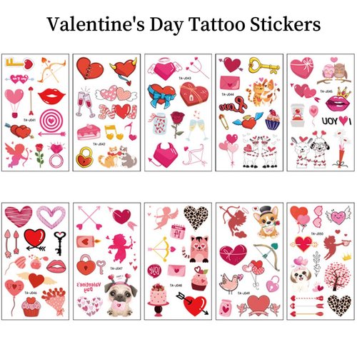 10 Sheets Valentine's Day Temporary Tattoos for Women Kids, Valentine's Day Romantic Red Love Heart Kiss Flowers Cartoon Design Waterproof Fake Tattoo Stickers Valentine's Day Wedding Party Favors
