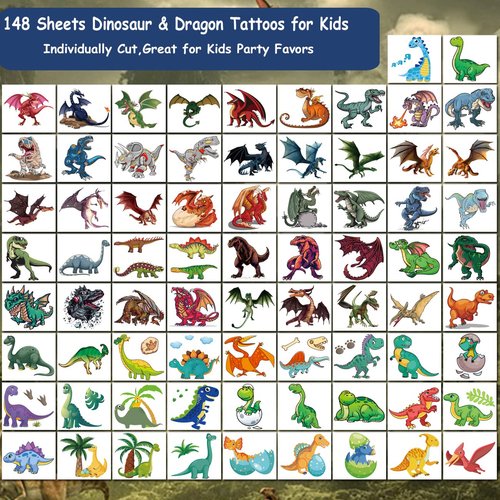 CHARLENT 148 PCS Dinosaur and Dragon Temporary Tattoos for Kids - Dragon Individually Tattoos for Boys Girls Dinosaur Birthday Party Favors Goodie Bag Fillers