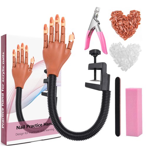 Nail Practice Hand for Acrylic Nails, Flexible Nail Maniquin Hand to Practice Nail Art, Movable Nail Training Hands for Beginners Nail Skills Practicing with 200pcs Fake Nails Tips