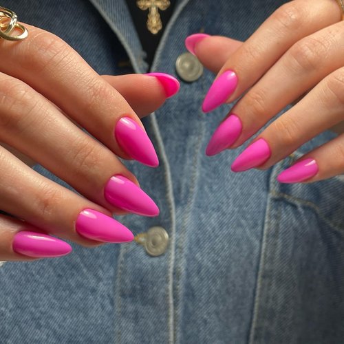 KXAMELIE 48 PCS Medium Press on Nails Almond Shape,Hot Pink Color Full Cover Stiletto Fake Nails For Girls,Glue on Acrylic Nails Medium Length,Thin Press on False Nails,Short Almond Nails Set