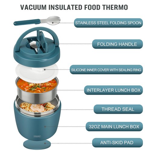 Soup Thermo for Hot Food Adults 32OZ Lunch Containers Wide Mouth Hot Food Jar Vacuum Insulated Stainless Steel Bento Box Leakproof with Spoon (Light Blue)