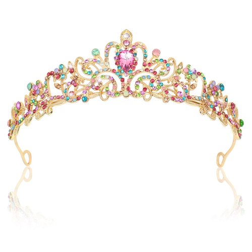 CIEHE Crystal Crown Gold Tiaras for Women, Multicolor Rhinestones Princess Crown with Combs for Birthday Girl, Prom Crown Wedding Tiara Halloween Costume Party Decorations
