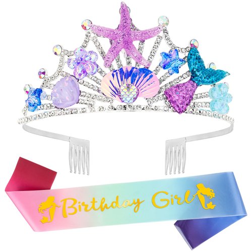 YARIEW Mermaid Birthday Decorations Mermaid Birthday Crown and Birthday Girl Sash Mermaid Party Decorations for Girls Birthday Sash for Women
