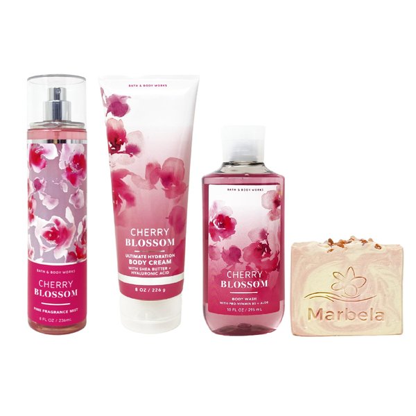Bath & Body Works Cherry Blossom 3 Piece Value Pack with a Himalayan Salts Springs Bar Soap - Fragrance Mist - Body Cream and Body Wash - Full Size