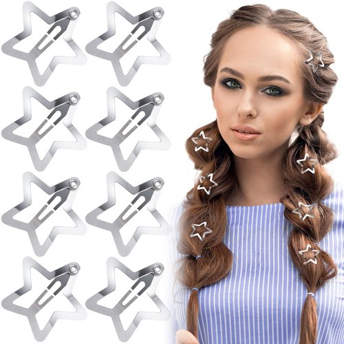 HINZIC 8PCS 1inch Silver Star Hair Clips Metal Cute Snap Barrettes Non Slip Christmas Wedding Prom Halloween Hair Pins Accessories for Women