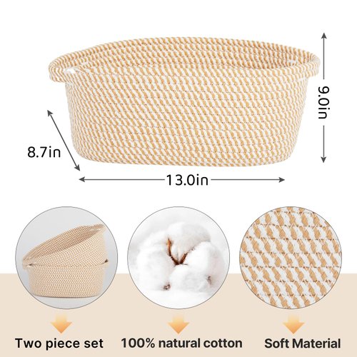 Ladkew 2 Pieces Small Cotton Woven Rope Storage Baskets for Organizing,basket for gifting, Storage Bins，rope basket set