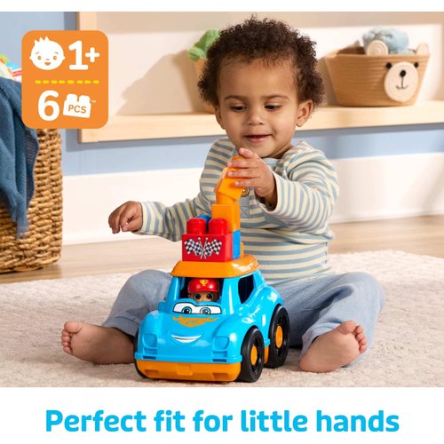 Mega BLOKS First Builders Toddler Building Blocks Toy Set, Ricky Race Car with 6 Pieces and Storage, 1 Figure, Blue, Ages 1+ Years