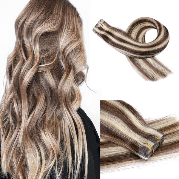 Tape in Hair Extensions Human Hair 16 inch 30g 20 pcs/pack Dark Brown to Blonde Natural Weft Tape on Real Hair Extensions Silky Straight Highlight Seamless Glue in Brazilian Human Hair Extensions