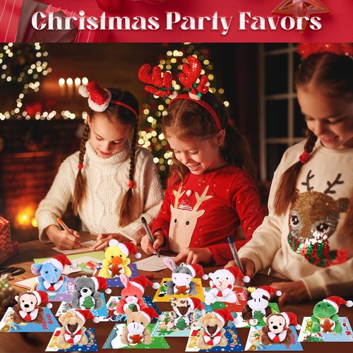 Hollowfly 15 Sets Christmas Mini Stuffed Animals with Xmas Cards Christmas Soft Plush Toy with Christmas Hat for Xmas Party Favors Christmas Tree Decor Stocking Fillers Classroom Gifts Exchage