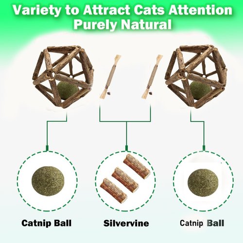 Kamanda Cat Catnip Toy,3Pcs Catnip Toys Set with 1Pcs Catnip Ball Toys with 2Pcs Nature Silvervine Stick,Cat Toys for Indoor Cats Cat Chew Toy for Cleaning Teeth,Relaxing Cats Toy for All Breeds