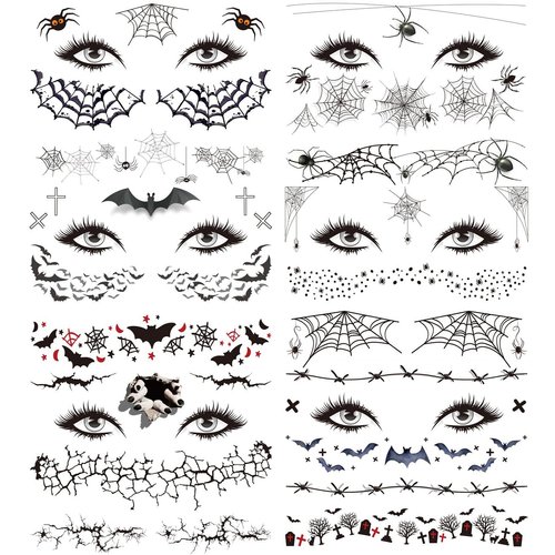 Oottati 6 Sheets Temporary Tattoo Stickers Halloween Scare Facial Face Nose Spider Web Bat Terror Makeup