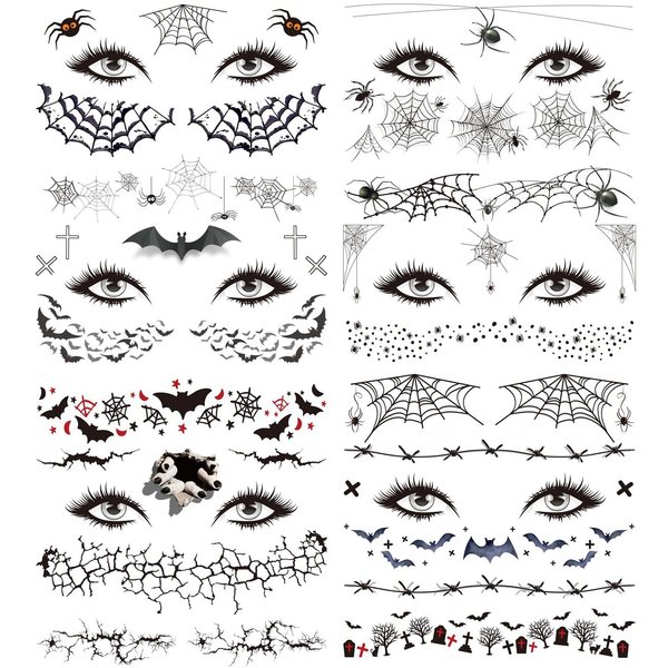 Oottati 6 Sheets Temporary Tattoo Stickers Halloween Scare Facial Face Nose Spider Web Bat Terror Makeup