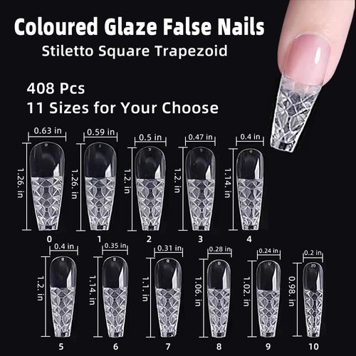 Colored Glaze False Nails Tips Stiletto Trapezoid False Fake Nails Concave Convex Acrylic Long Nails Full Cover Clear Artificial Nails for DIY Nail Art (About 408 Pcs-Trapezoid)