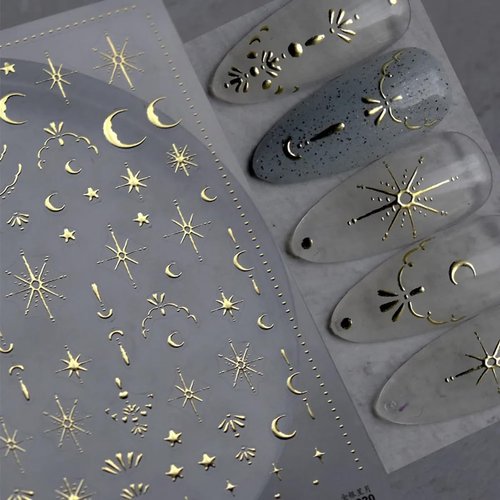 Moon Star Nail Art Stickers Decals 3D Gold Bronzing Nail Stickers Laser Star Moon Luxury Nail Design Self-Adhesive Nail Decals Manicure Sliders for Women Girls DIY Nail Art Decorations Supplies
