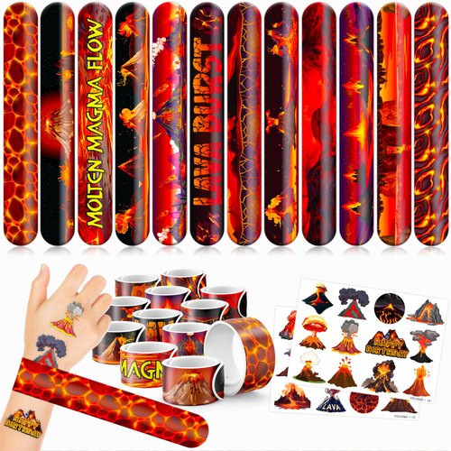 48 Volcano 24PCS Volcano Temporary Tattoos Sticker 24PCS Slap Bracelets Perfect for Themed Birthday Party Favors Baby Showers or Classroom Rewards Ideal Decor and Gifts for Girls and Boys