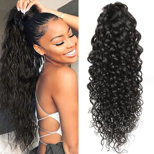 100% Human Hair Drawstring Ponytail Water Wave 1B Black Afro Ponytail Natural Black Color Brazilian Virgin Human Hair Ponytail Remy Hair Extensions for Black Women (22inch(150G))