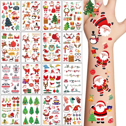 Christmas Temporary Tattoos for Kids, 240PCS Cartoon Xmas Body Stickers, Santa Claus Snowman Reindeer Socks Face Fake Tattoo Makeup, Christmas Holiday Party Favor Supplies Decorations Boys Girls