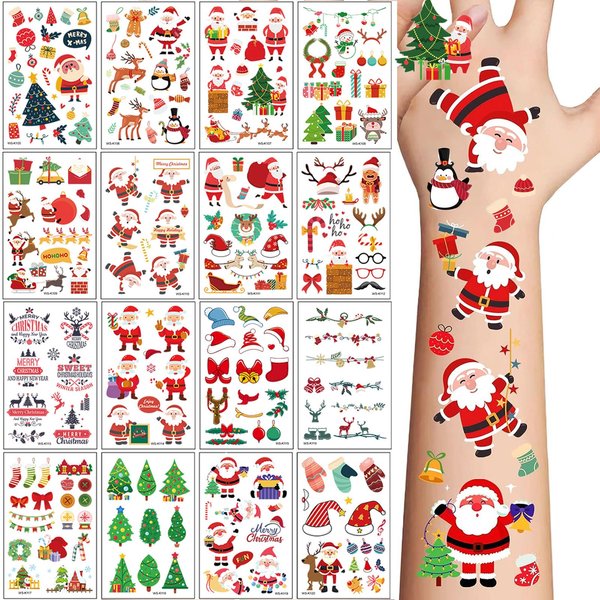 Christmas Temporary Tattoos for Kids, 240PCS Cartoon Xmas Body Stickers, Santa Claus Snowman Reindeer Socks Face Fake Tattoo Makeup, Christmas Holiday Party Favor Supplies Decorations Boys Girls