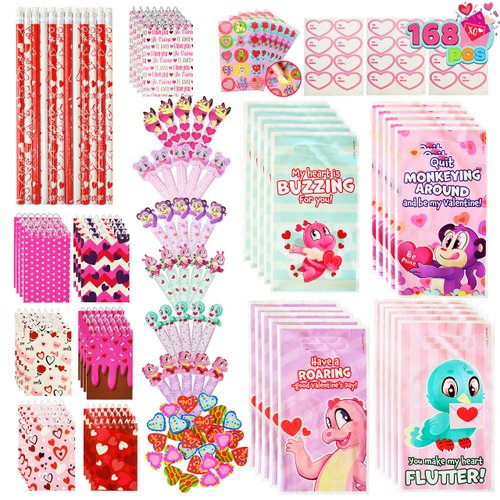 JOYIN 28 Pack Valentines Day Stationery Gifts for Kids, Stationery Set with Treat Bags for Kids Party Favor, Classroom Exchange Prizes with Notebooks,Rulers,Erasers,Pencils,Stickers