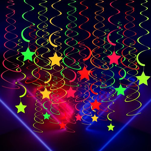 50 Pieces Glow Party Supplies Hanging Swirl Decorations Neon Star Swirl Hanging Decorations for N...