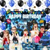 Mpanwen Blue Gamer Birthday Party Decoration - 218Pcs Video Game Gaming Party Supplies For Boys Birthday Party - Backdrop, Table Cover, Cupcakes Wrappers, Stickers, Bracelets Serves 10 Guests