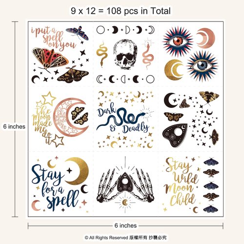 Cheerland 108pcs Rose Gold Black Boho Halloween Tattoos with Moon Phase Butterfly Skeleton Stay Wild Moon Child Cup Stickers Temporary Tattoos for Kids Birthday Party Decorations Favors