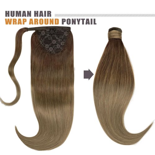 Lacerhair Human Hair Ponytail Hair Piece Balayage Dark Brown to Light BrownRemy Human Hair Wrap Around Ponytail Hair Extensions with Magic Paste 14 Inch 70g