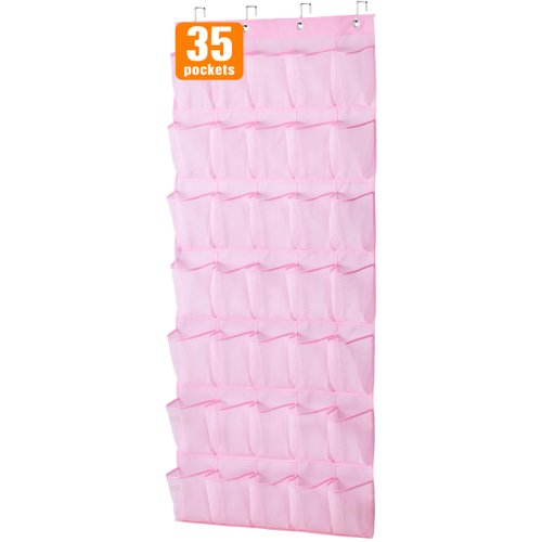 MISSLO 35 Pockets Kids Shoe Organizer for Baby Durable Oxford Toddler Shoe Rack for Closet Cute Over the Door Shoe Storage Hanging Pink Girl Room Decor