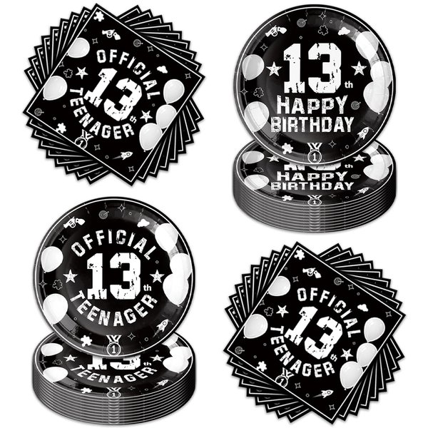 40Pcs Black 13th Birthday Party Supplies For 20 Guests, Disposable Tableware 13th Plates And Napkins For Boys, 13th Birthday Party Decorations