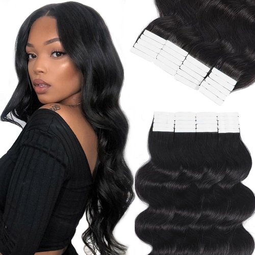 24 Inch Tape in Hair Extensions Human Hair Body Wave Natural Black Hair Extensions Real Human Hair Tape in Extensions for Black Women 20pcs 50g/pack Seamless Skin Weft Tape in Human Hair Extensions
