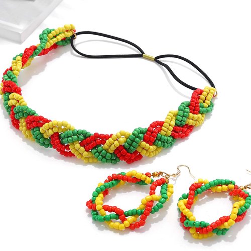 Wosois African Elastic Bead Headband Earrings Set Multicolor Seed Beads Headbands Hair Accessories for Lady Women and Girls (A)