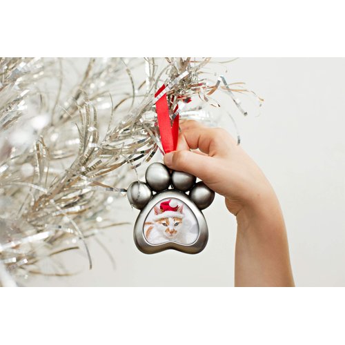 Pearhead Christmas Pet Pawprint Photo Ornament, Dog or Cat Christmas Tree Ornament, Pet Memorial Keepsake Picture Frame, Classic Holiday Home Decor, Pet Owner Gift Ideas, Silver Metal