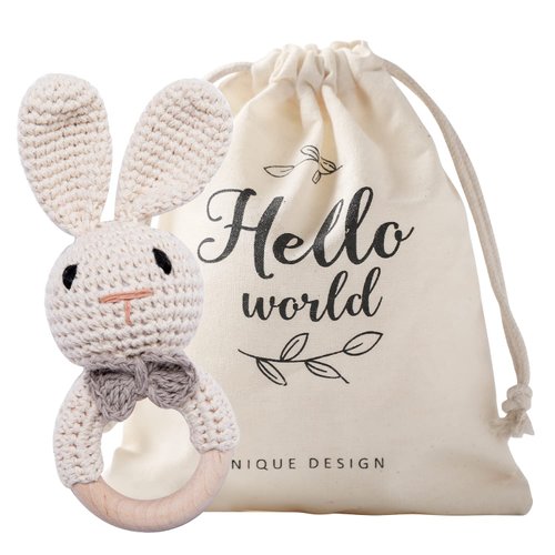 Crochet Baby Rattle, Baby Rattles 0-6 Months, Handmade Newborn Toys, Organic Wooden Baby Rattle, Animal Baby Rattle，Knitted Stuffed Animals Gifts for Baby, Bunny Rattle