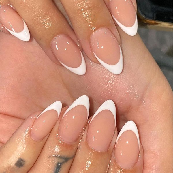 Generic White French Tip Nails Press on Long Almond Acrylic Fake Nails Mirror Oval Stick on Nails Full Cover Glue on Nails for Women DIY Manicure Decoration
