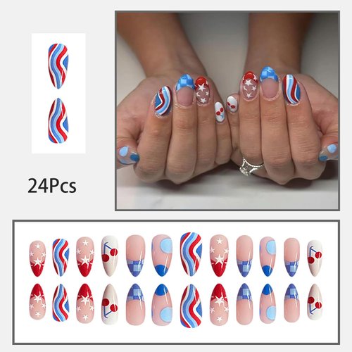 24 Pcs French Tip Press on Nails Medium Almond Fake Nails 4th of July False Nails with Star Cherry Pattern Design Gel Nails Press ons Patriotic Nails Acrylic Glue on Nails Artificial Nails for Women