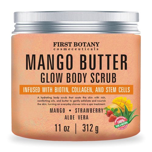 Mango Butter Body Scrub Exfoliator Biotin, Collagen, Stem Cells - Natural Exfoliating Salt Scrub & Body and Face Souffle helps with Moisturizing Skin, Acne, Cellulite, Dead Skin Scars, Wrinkles- 11 oz