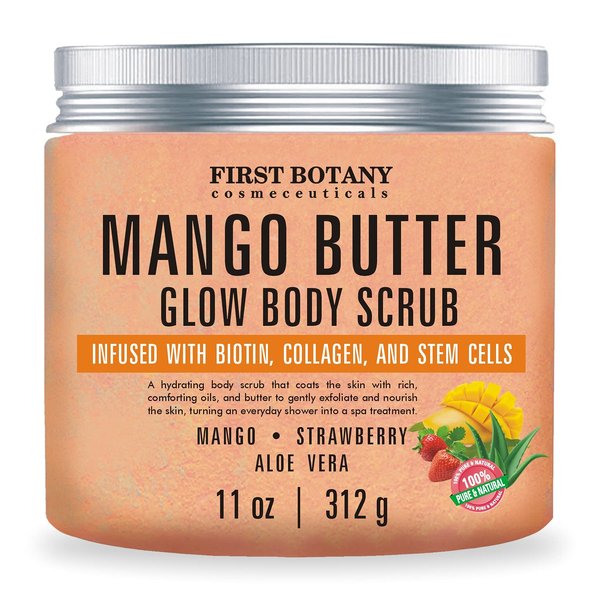 Mango Butter Body Scrub Exfoliator Biotin, Collagen, Stem Cells - Natural Exfoliating Salt Scrub & Body and Face Souffle helps with Moisturizing Skin, Acne, Cellulite, Dead Skin Scars, Wrinkles- 11 oz