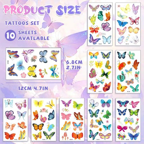 10 Sheets Butterfly Temporary Tattoos for Girls Women Kids Adults, Butterfly Fake Tattoos for Face Body Shoulder Arm, Colorful&Waterproof Butterfly Temporary Stickers for Party Decorations Flavors