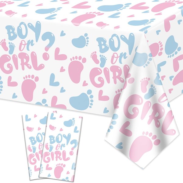 XJLANTTE 2Pcs Gender Reveal Tablecloth - Boy or Girl Table Decorations Rectangular Pink and Blue Table Cover for Baby Shower Decorations, Gender Reveal Boy or Girl Party Supplies, 51 x 86.6 Inch