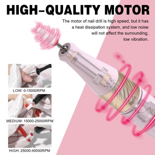 YOKE FELLOW Nail Drill Machine - 40000RPM Nail Drill Professional with 12 Drill Bits for Electric Nail File Manicure Pedicure Home Use (Pink)
