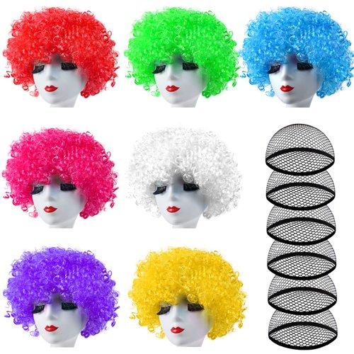 ELECLAND 7 Pieces Party Wigs and 7 Pieces Wig Cap Set, Neon Curly Afro Wigs Colorful Cosplay Wig Daily Party Hairpieces for Bachelorette Neon Party Favors, Halloween and Decorations