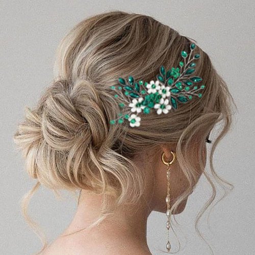JONKY Bridal Hair Comb Crystal Wedding Hair Piece Floral Pearl Hair Side Combs Bride Hair Accessories for women (Green)
