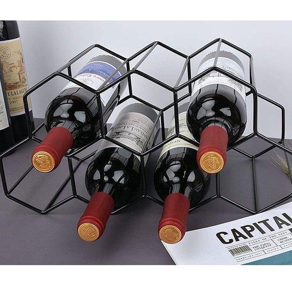 Countertop Wine Rack Freestanding, Small Wine Holder Stand Metal Wine Rack Honeycomb, Black 9 Wine Bottle Holder Organizer for Water Bottle, Tabletop Wine Storage Holder Rack for Home Kitchen Bar